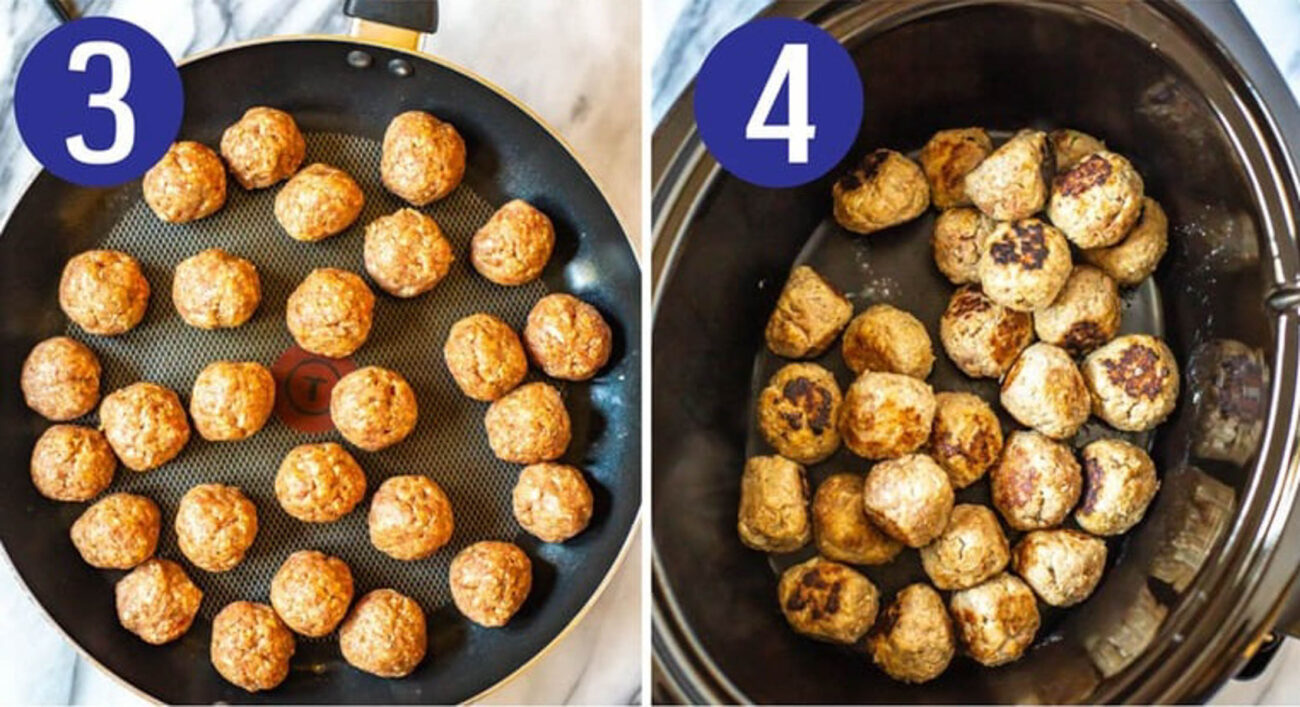 Steps 3 and 4 for making crockpot bbq meatballs: Roll meatballs, brown them then put in the slow cooker.