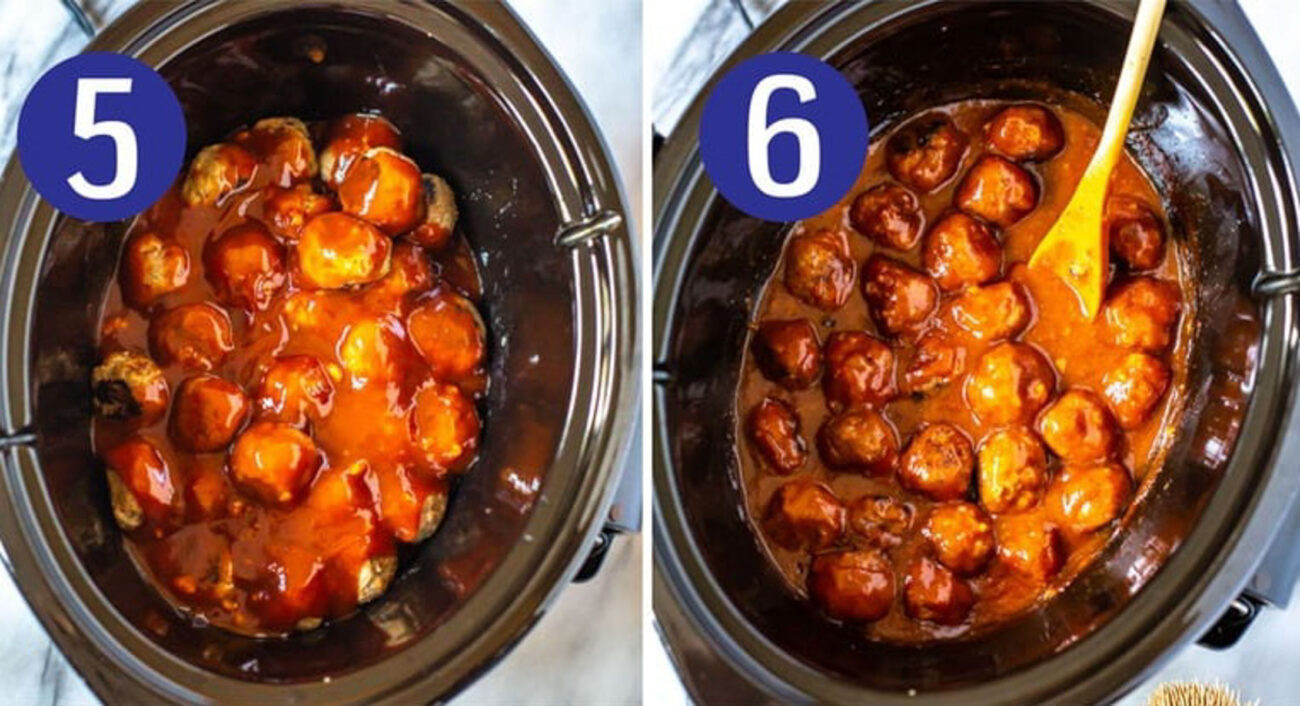 Steps 5 and 6 for making crockpot bbq meatballs: Cover meatballs in sauce and cook.