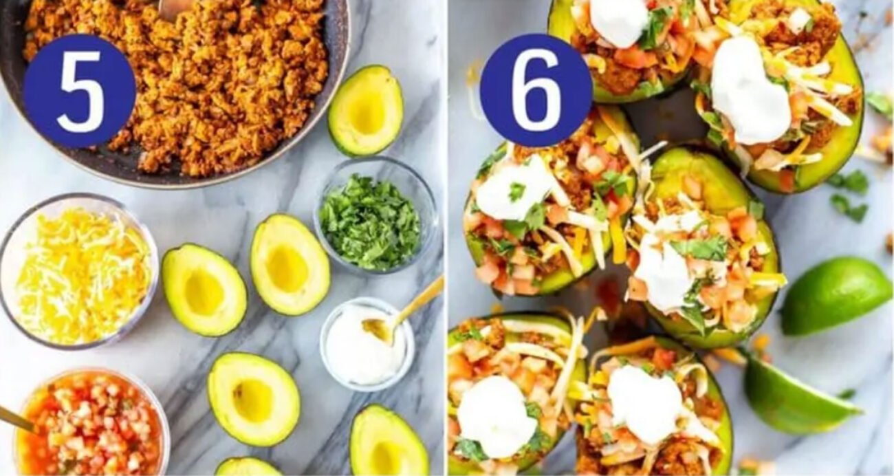 Steps 5 and 6 for making taco stuffed avocados: Prepare your toppings and stuff your avocados.