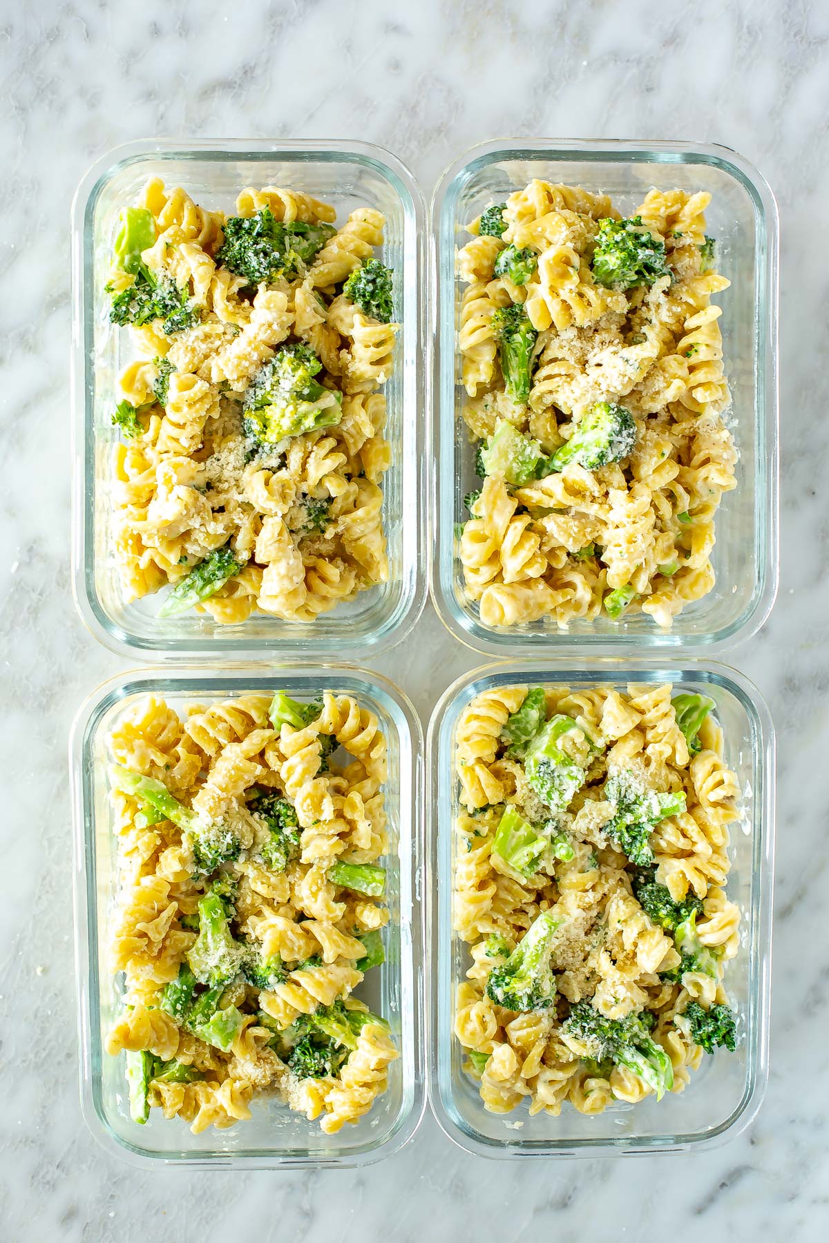 Four meal prep containers, each with a serving of broccoli alfredo pasta.