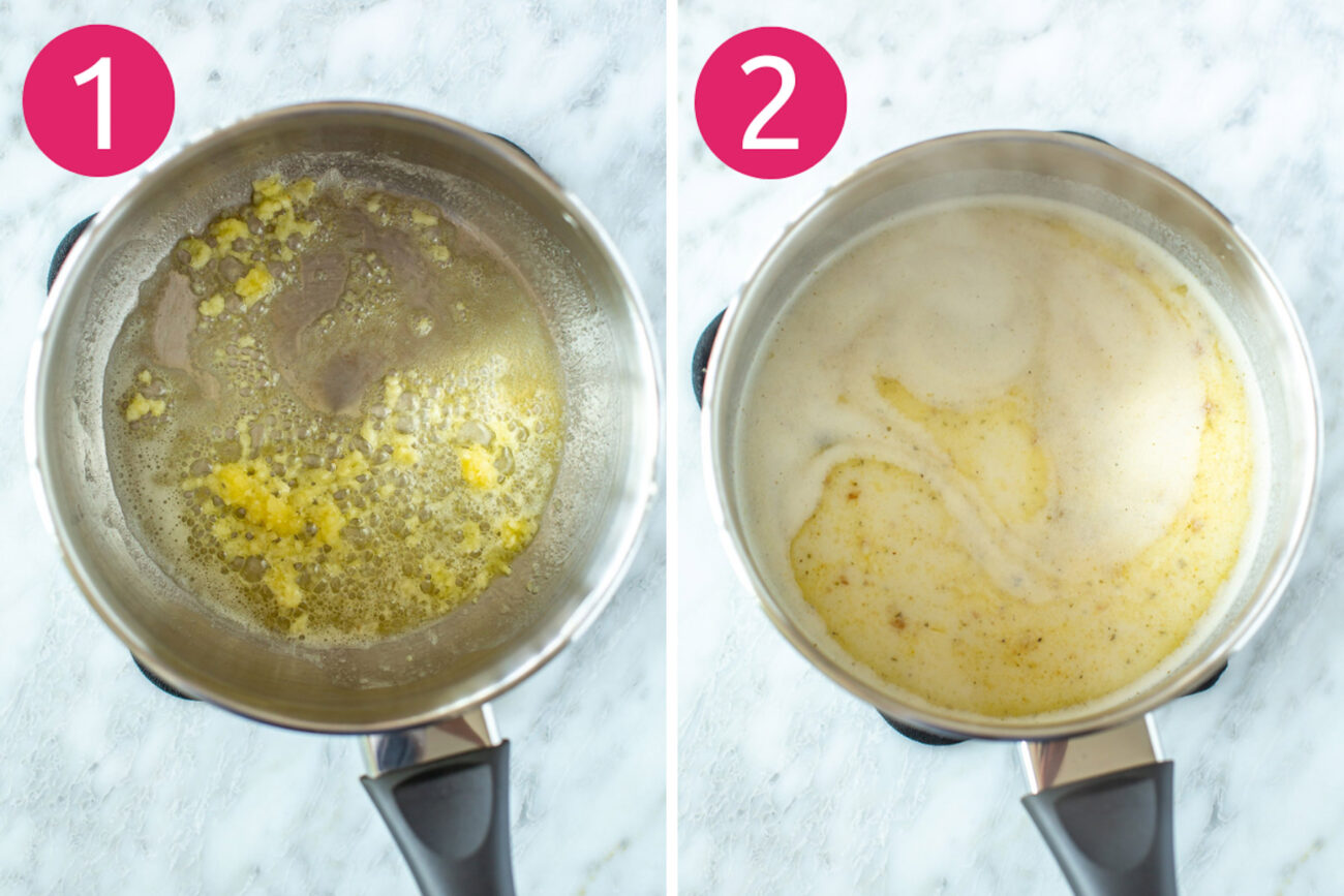 Steps 1 and 2 for making broccoli alfredo pasta: Saute the garli then make the sauce.