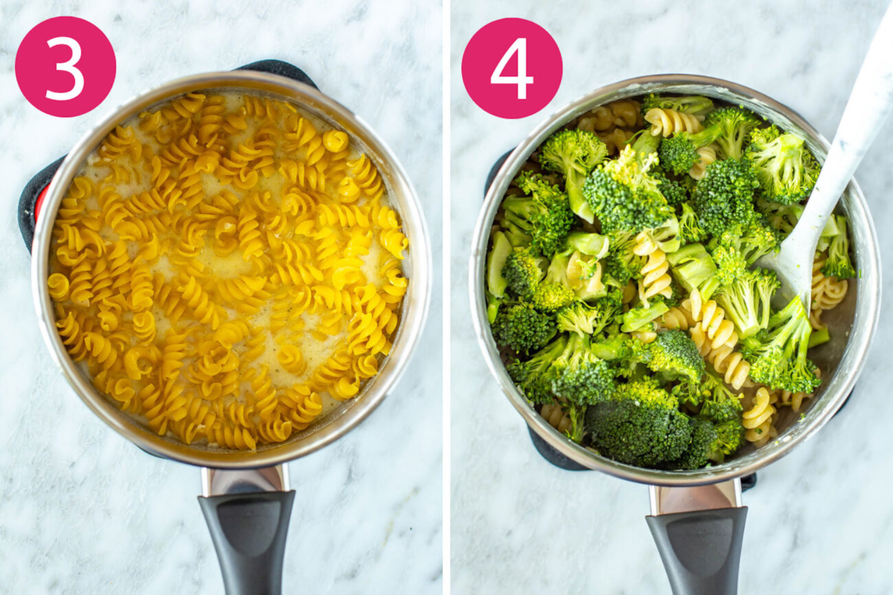 Steps 3 and 4 for making broccoli alfredo pasta: Add in pasta and broccoli.