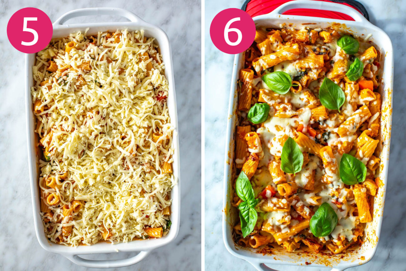 Steps 5 and 6 for making chicken pasta bake: Top with mozzarella then bake.