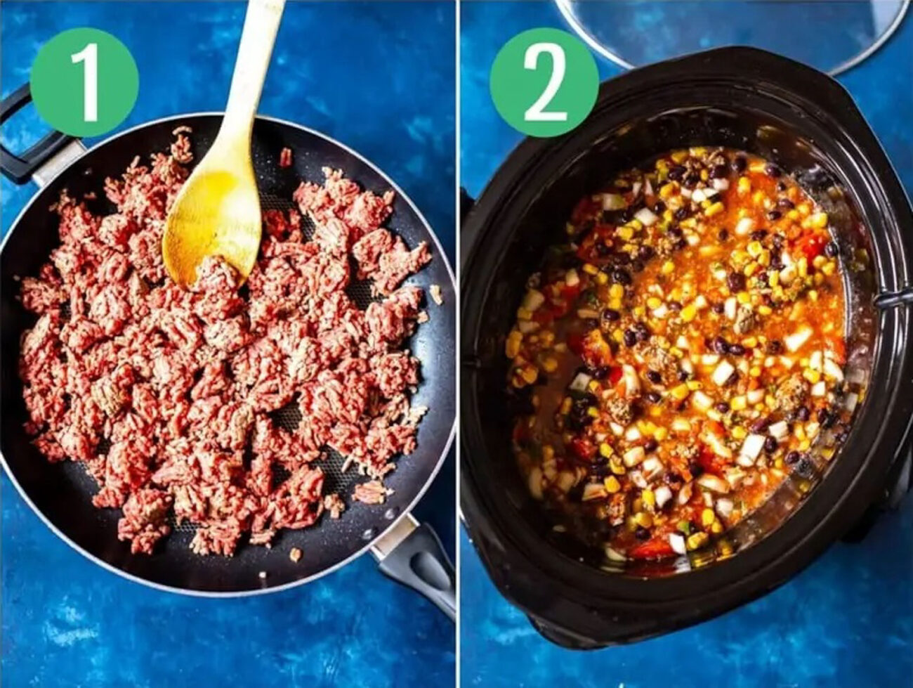 Steps 1 and 2 for making crockpot taco soup: Brown the beef then add everything to the crockpot.