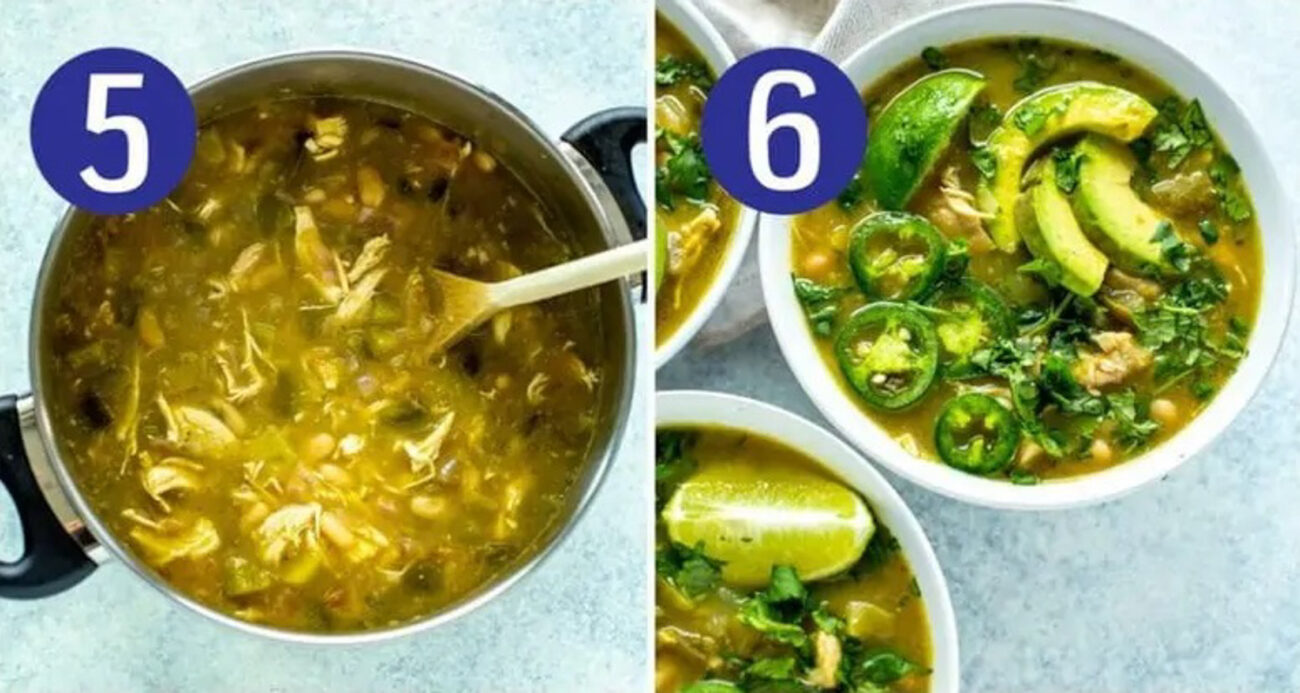Steps 5 and 6 for making green chili: Stir back in chicken the serve and enjoy!