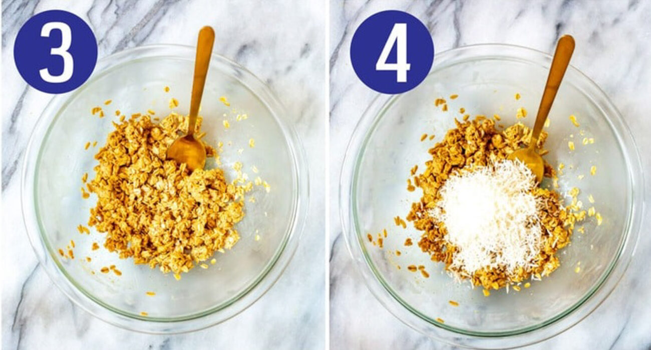 Steps 3 and 4 for making protein balls: Fold wet ingredients into dry ingredients then add in toppings.