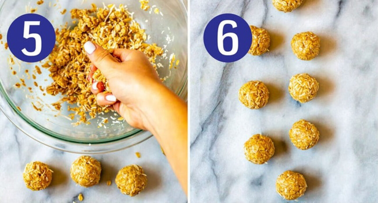 Steps 5 and 6 for making protein balls: Roll dough into balls then chill and serve.