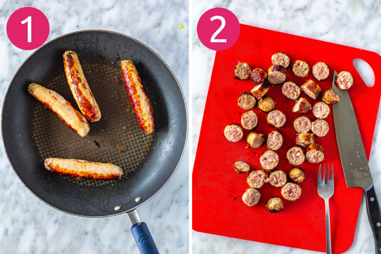 Steps 1 and 2 for making sheet pan sausage and vegetables: Cook sausage and slice it.