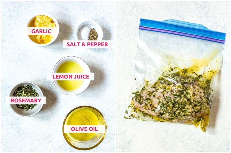 Ingredients for lemon rosemary marinade: garlic, salt and pepper, lemon juice, rosemary and olive oil