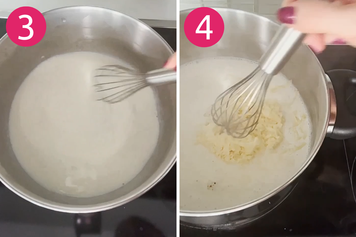 Steps 3 and 4 for making white cheddar truffle mac and cheese: Make the sauce then mix in cheese and truffle oil.