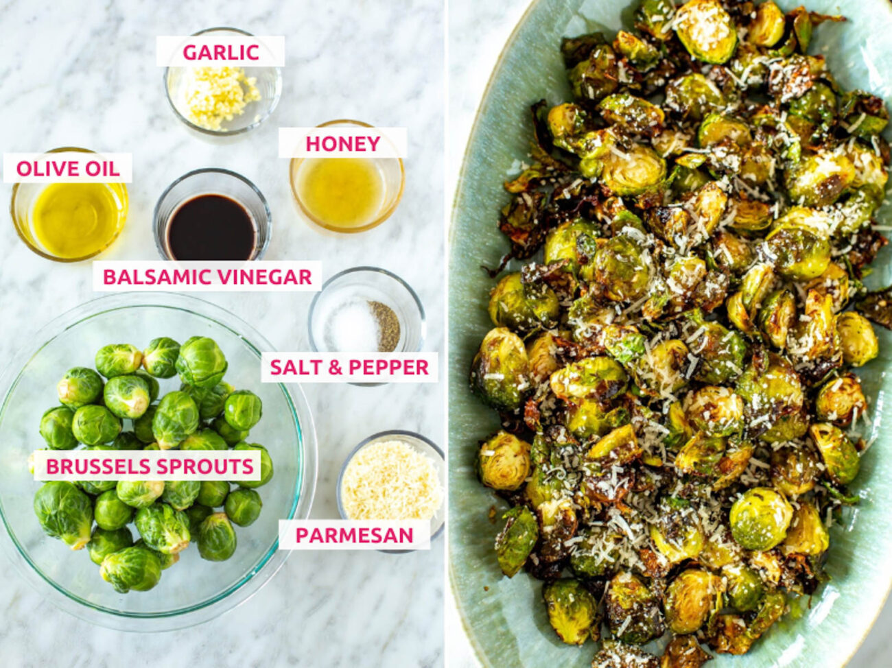 ingredients for air fryer brussels sprouts: brussels sprouts, parmesan, balsamic vinegar, olive oil, honey, garlic, salt and pepper.
