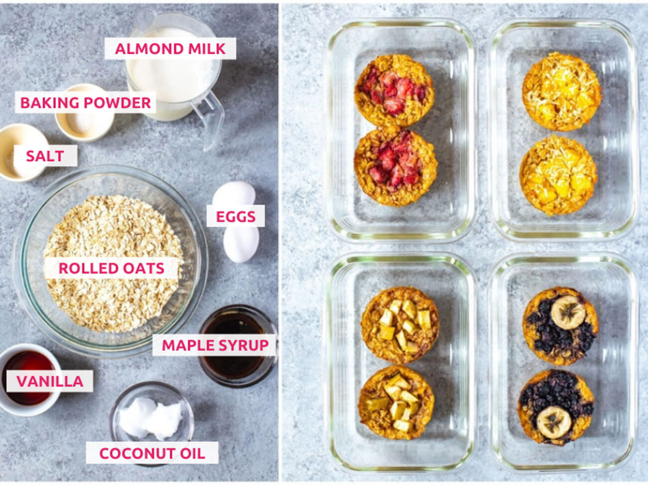 Ingredients for baked oatmeal cups: rolled oats, almond milk, baking powder, salt, eggs, vanilla, coconut oil and maple syrup.