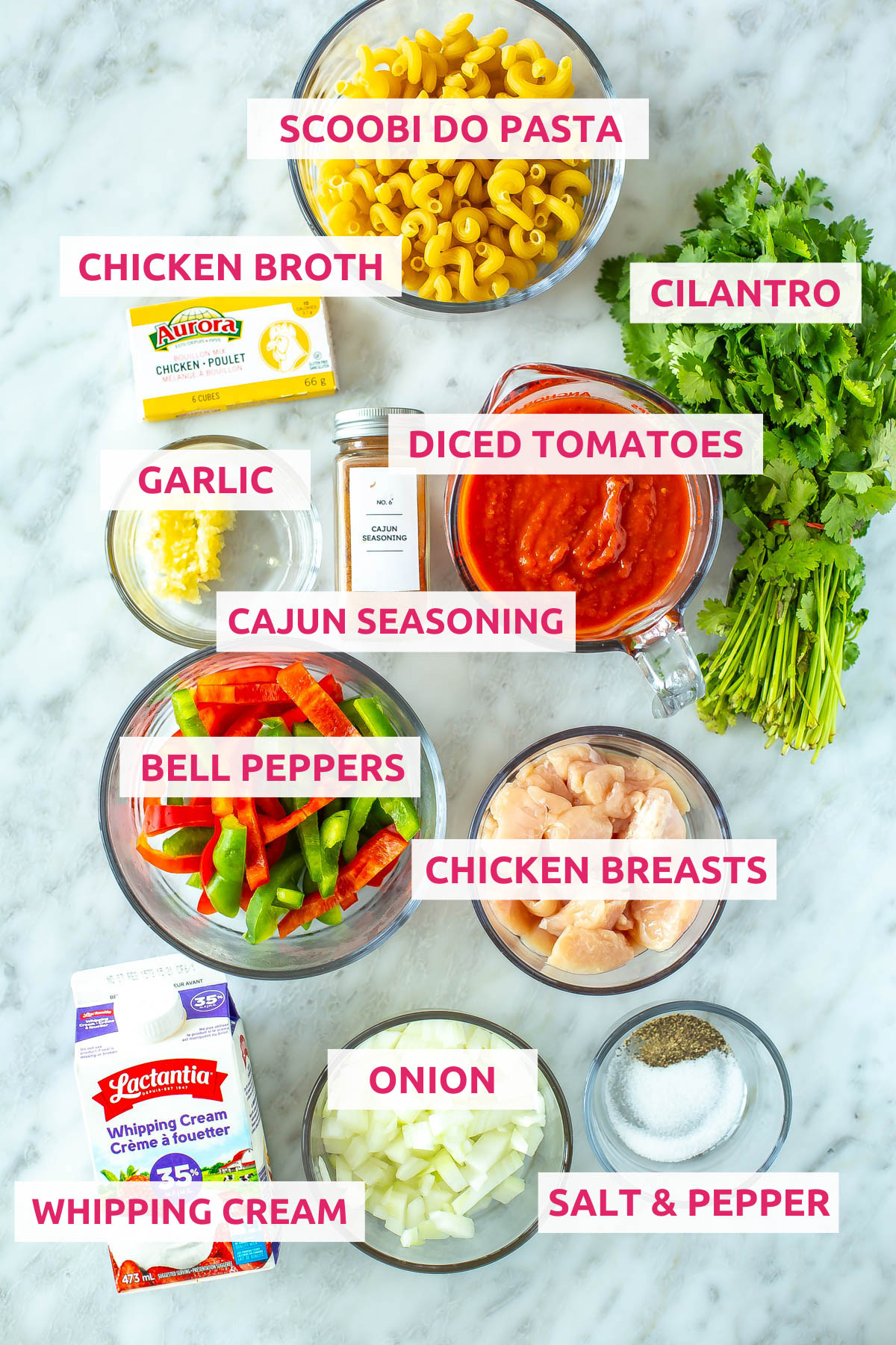 Ingredients for cajun chicken pasta: pasta, chicken breasts, bell peppers, diced tomatoes, chicken broth, garlic, onion, cajun seasoning, whipping cream and cilantro.