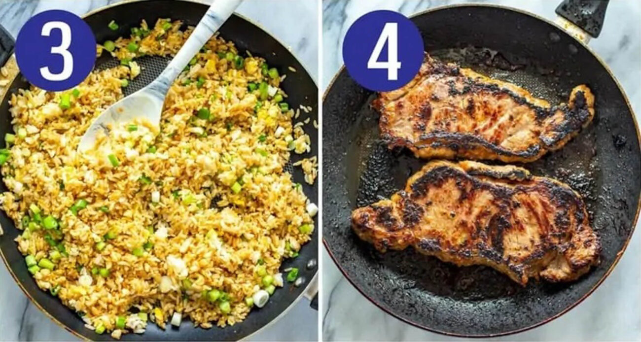 Steps 3 and 4 for making hibachi steak: Make fried rice and cook the steak.
