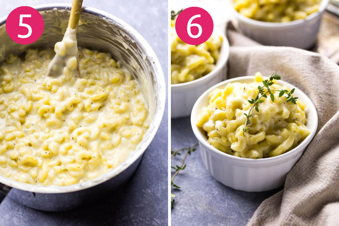 Steps 5 and 6 for making white cheddar truffle mac and cheese: Add macaroni back into pot then serve and enjoy.