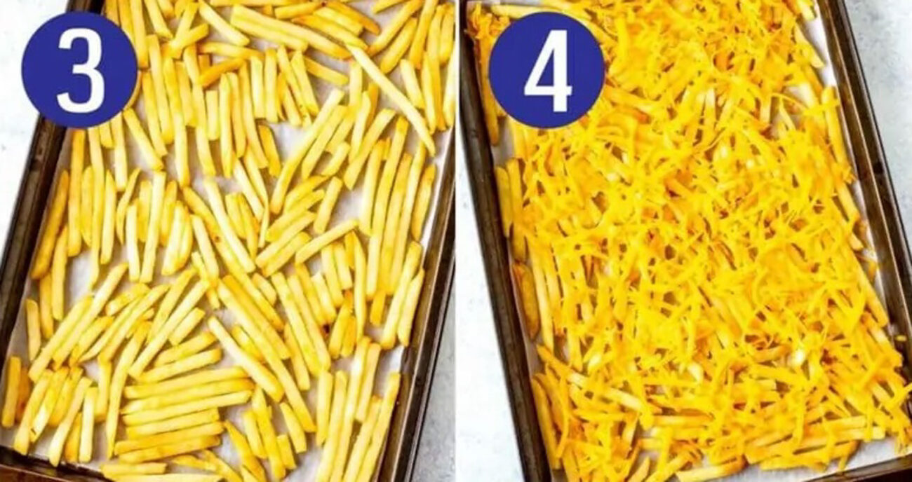 Steps 3 and 4 for making animal fries: Cook frozen fries and add on cheese.