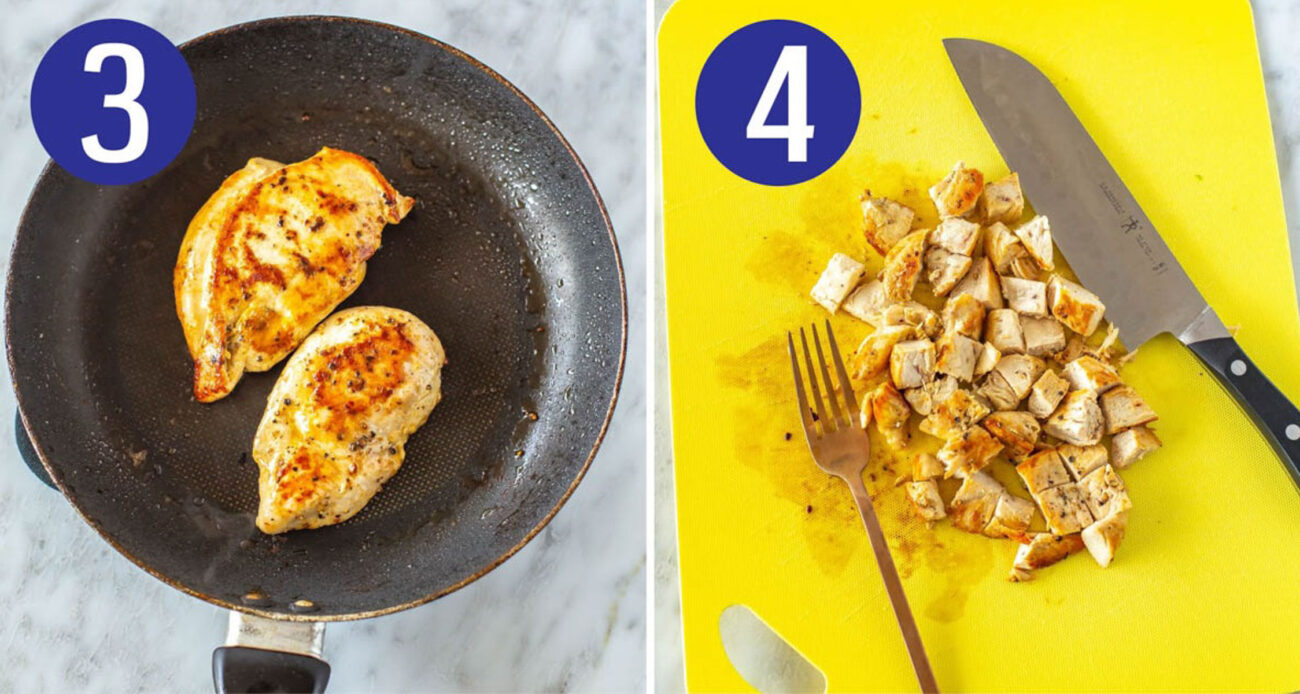 Steps 3 and 4 for making buffalo chicken salad: Cook chicken then dice it. 