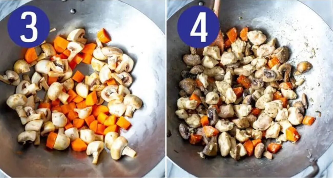 Steps 3 and 4 for making cashew chicken: Saute carrots and mushrooms then brown chicken.