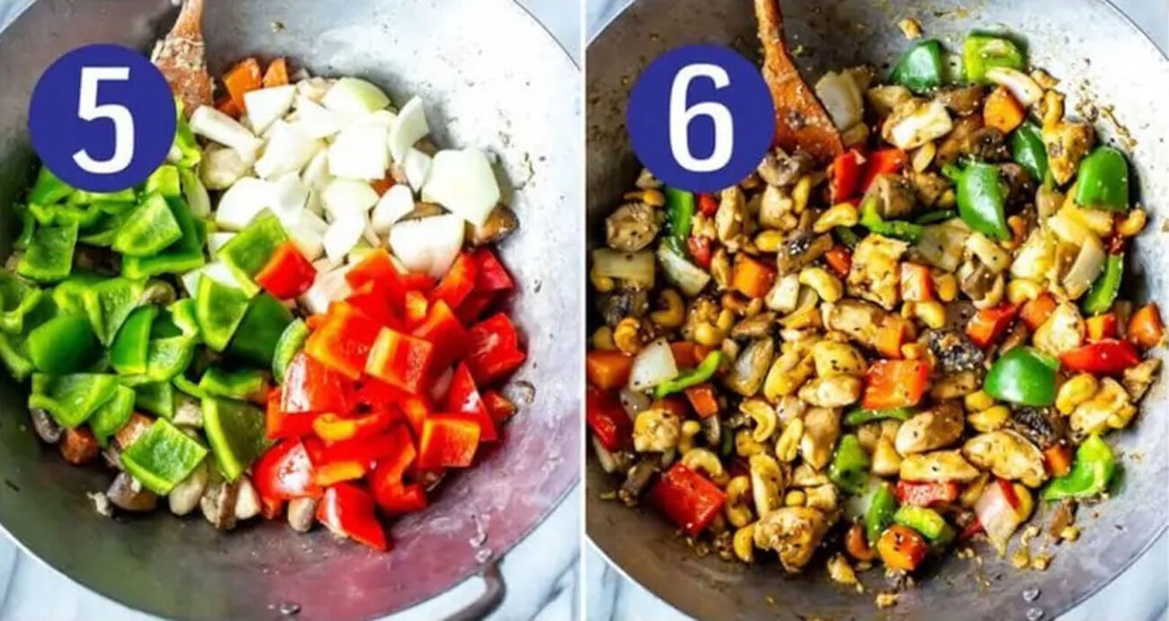 Steps 5 and 6 for making cashew chicken: Mix in rest of the veggies, add sauce and serve.