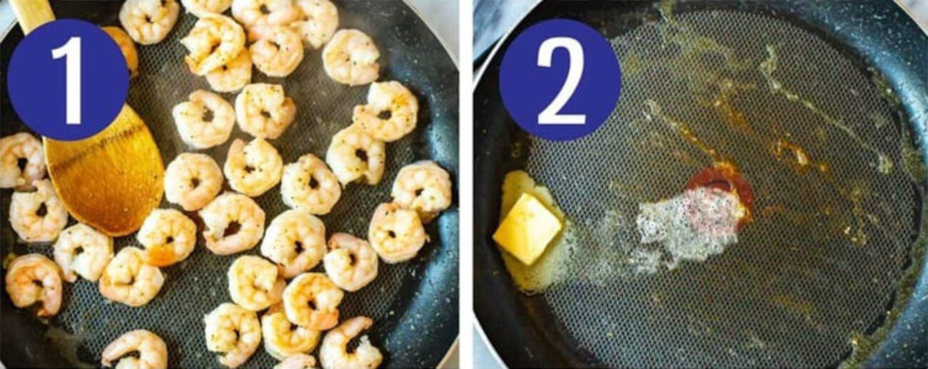 Steps 1 and 2 for making cauliflower fried rice: Cook shrimp then add butter to pan.