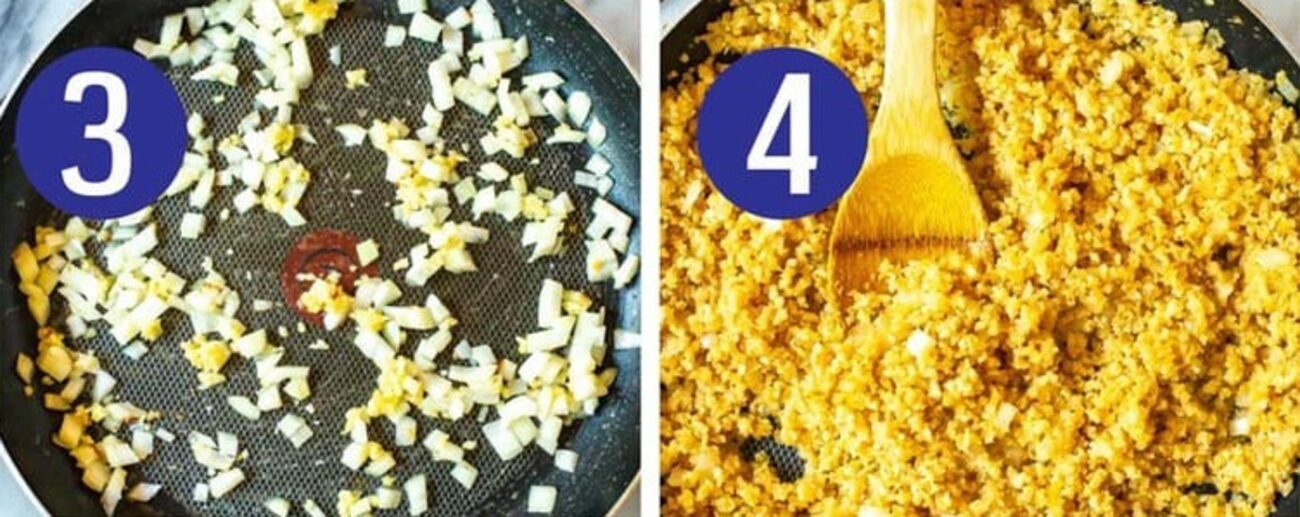 Steps 3 and 4 for making cauliflower rice: Saute onions and garlic then add in rice and soy sauce.