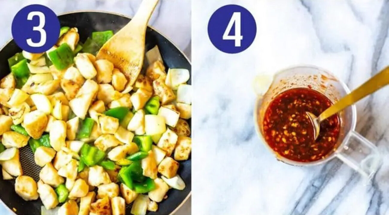 Steps 3 and 4 for making chilli chicken: Add veggies then make sauce.