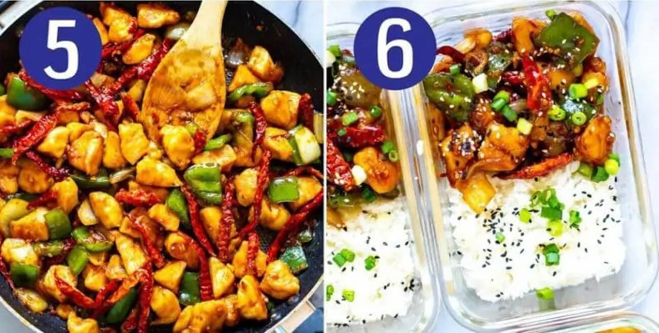 Steps 5 and 6 for making chilli chicken: Toss everything together and serve.
