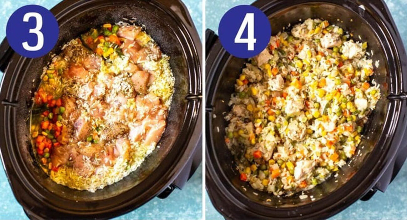 Steps 3 and 4 for making crockpot chicken and rice: Add ingredients to crockpot and cook.