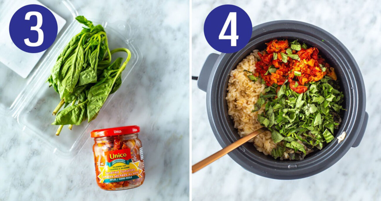 Steps 3 and 4 for making rice: Prep your toppings and mix them in with your rice.