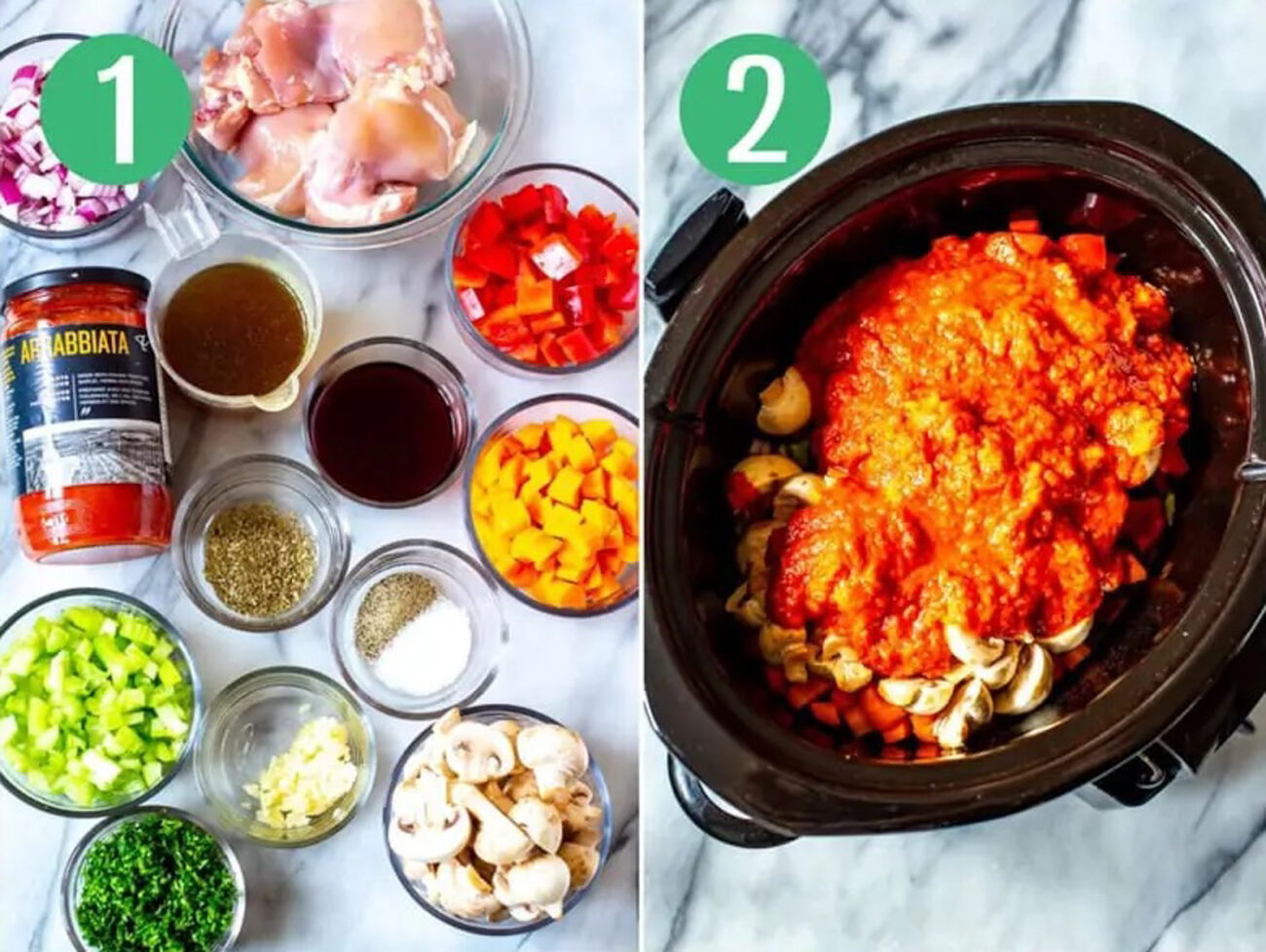 Steps 1 and 2 for making slow cooker chicken cacciatore: Assemble ingredients and put them in the slow cooker.