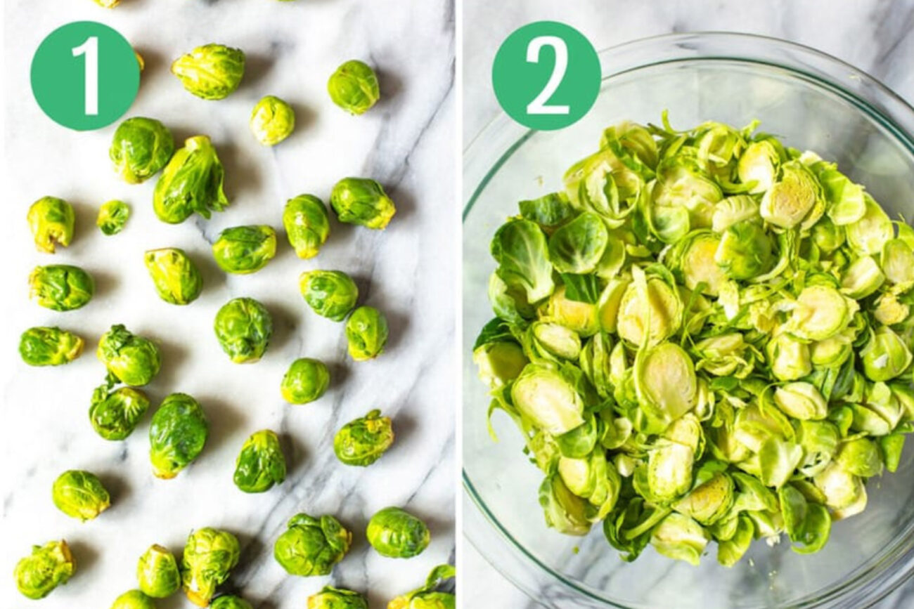 Steps 1 and 2 for making brussels sprouts salad: Cut and trim brussels sprouts then thinly slice them.