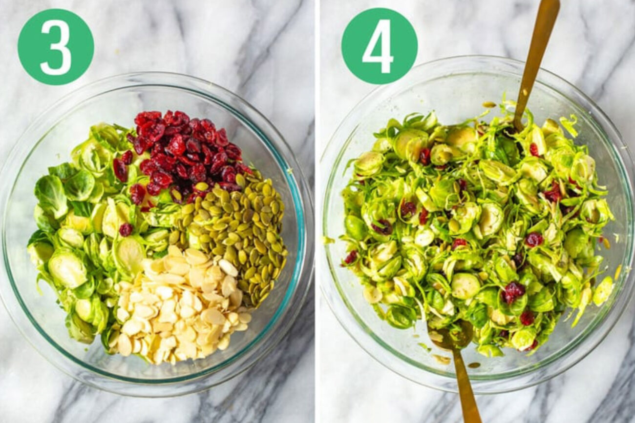 Steps 3 and 4 for making brussels sprouts salad: Add in toppings then mix.
