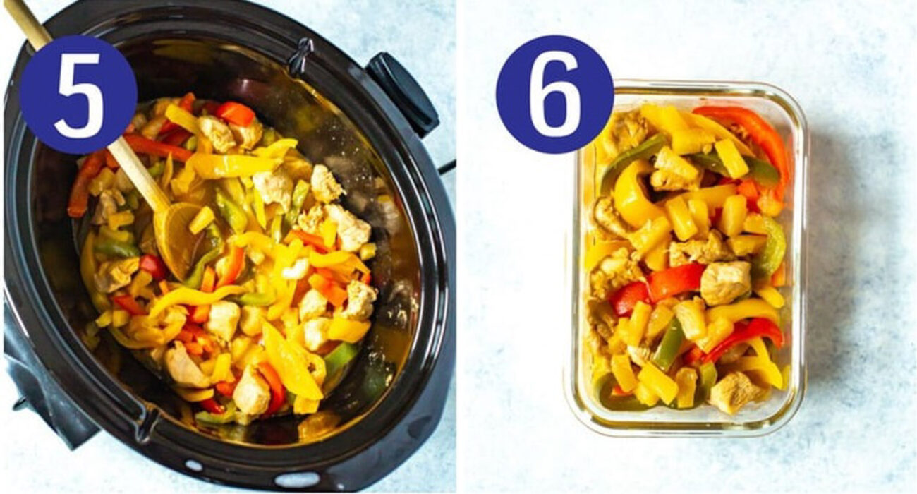 Steps 5 and 6 for making dump dinners: Cook on high or low then serve.