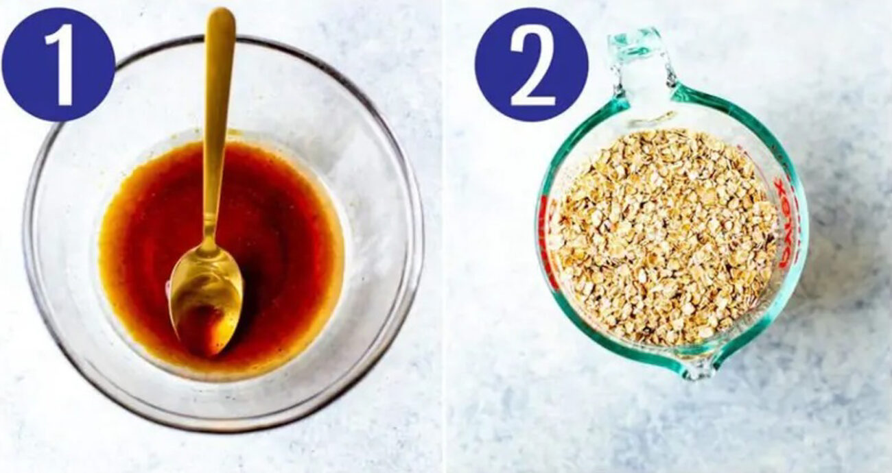 Steps 1 and 2 for making healthy edible cookie dough: Mix wet ingredients and make oat flour.