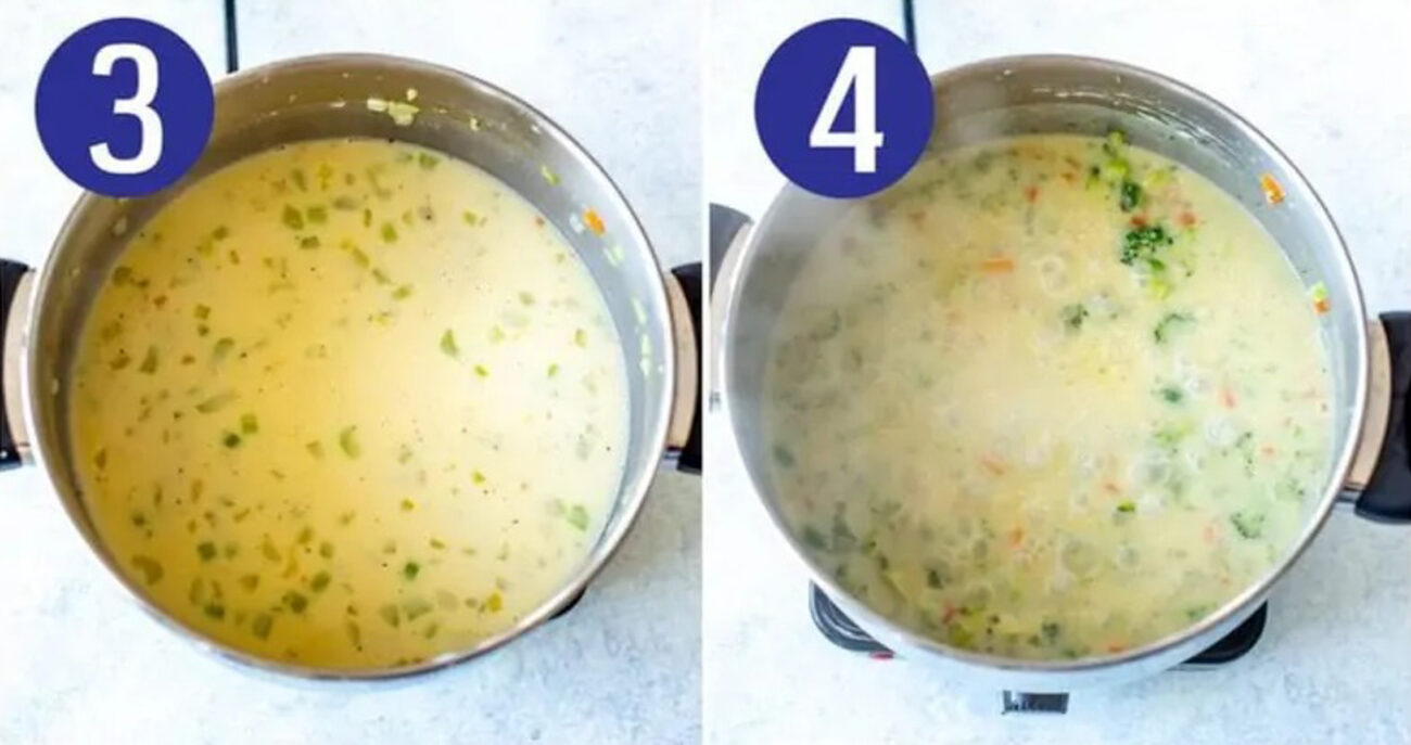 Steps 3 and 4 for making Panera broccoli cheddar soup: Whisk milk, chicken broth and flour then add broccoli.