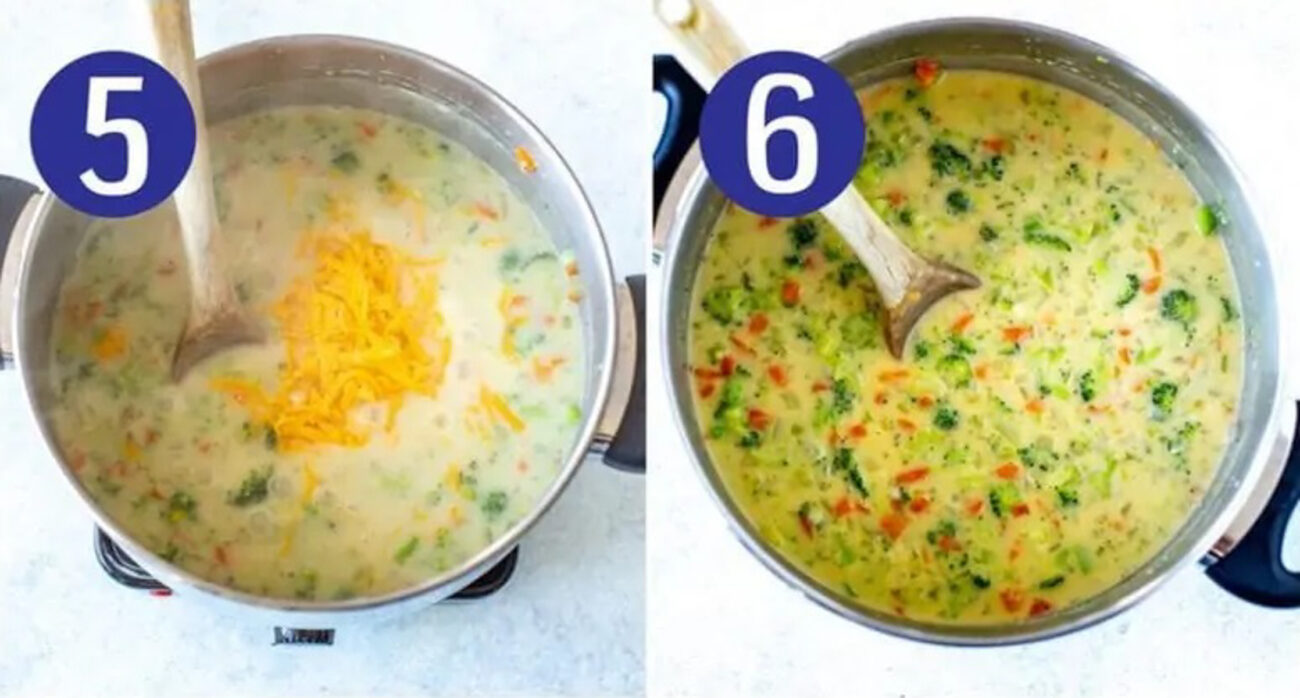 Steps 5 and 6 for making broccoli cheddar soup: Add cheese then serve and enjoy.