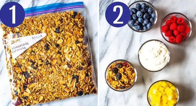 Steps 1 and 2 for making Fruit and Yogurt Parfaits: Make granola and prep toppings.