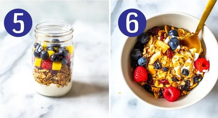 Steps 5 and 6 for making Fruit and Yogurt Parfait: Add fruit then serve and enjoy.