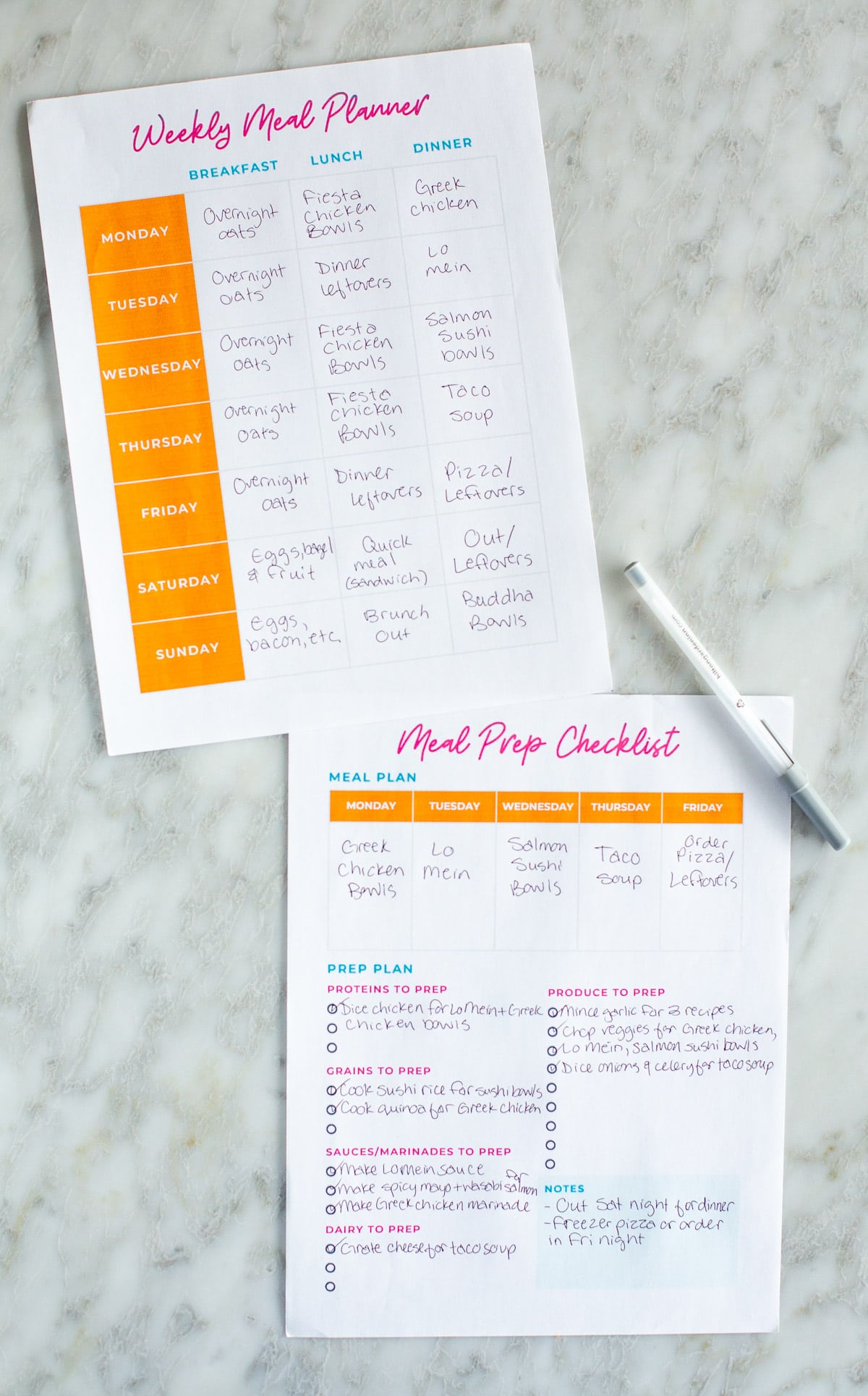 Filled out meal planner and meal prep printables
