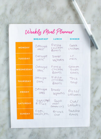 A filled out meal planner template.