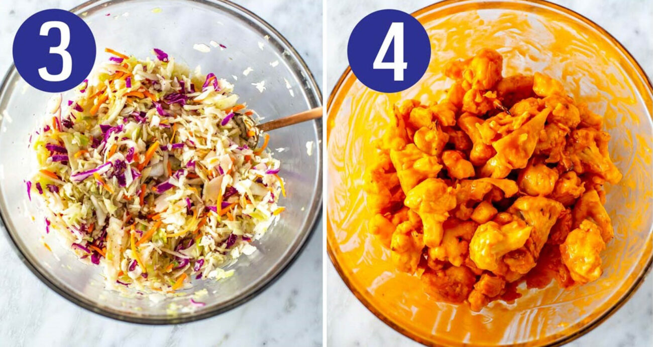 Steps 3 and 4 for making buffalo cauliflower tacos: Make coleslaw and toss cauliflower in buffalo sauce.