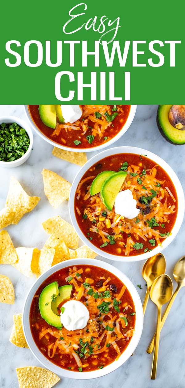 This Easy Southwest Chili recipe is the perfect for game day or a busy weeknight! It's packed with flavor with black beans, corn and chicken. #southwest #chili