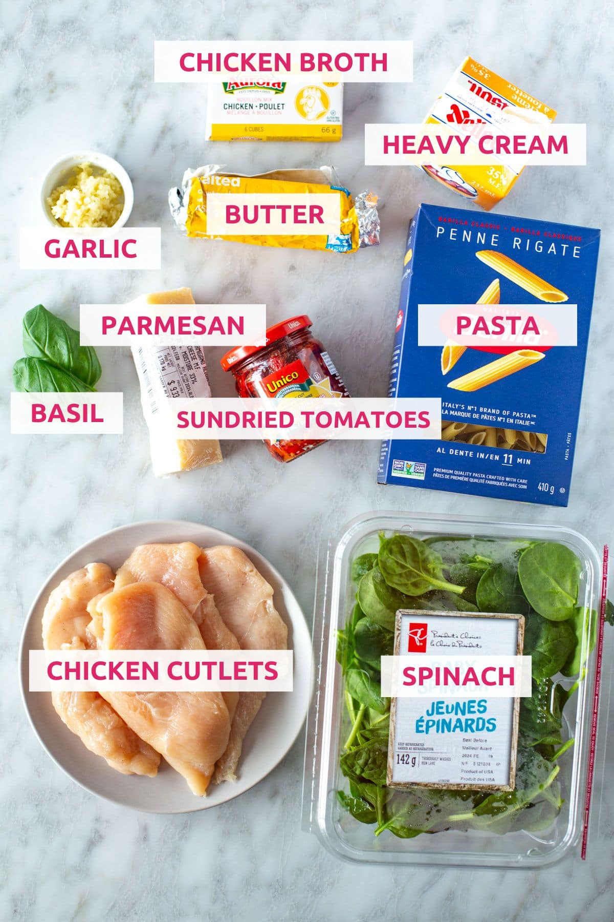 Ingredients for marry me chicken: chicken broth, garlic, butter, heavy cream, parmesan, basil, sundried tomatoes, pasta, chicken cutlets and spinach