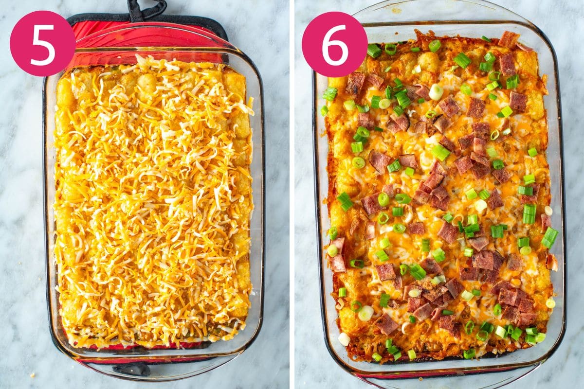 Steps 5 and 6 for making tater tot breakfast casserole